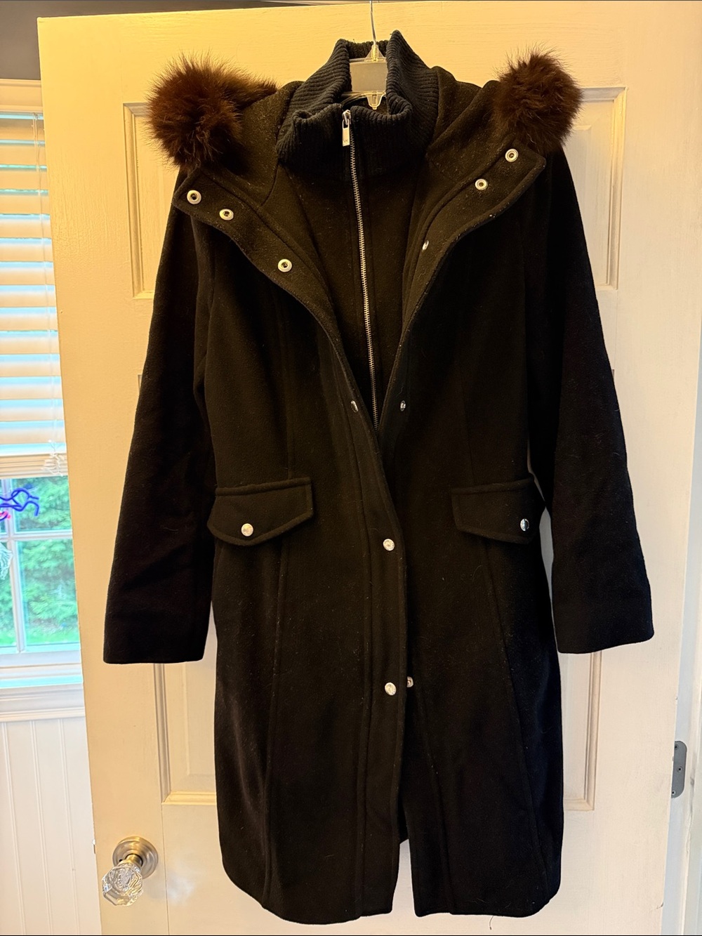 MICHAEL Michael Kors Black Hooded Wool Coat with Fox Fur Trim